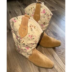 Santa Fe Boot Co Floral Leather & Suede Cream/Tan Harness Boot - size 8.5 - Q17